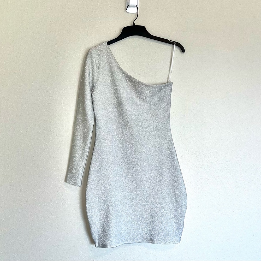 H&M One Shoulder Sparkly Mini Dress White Glitter Metallic Formal Size S NWT
